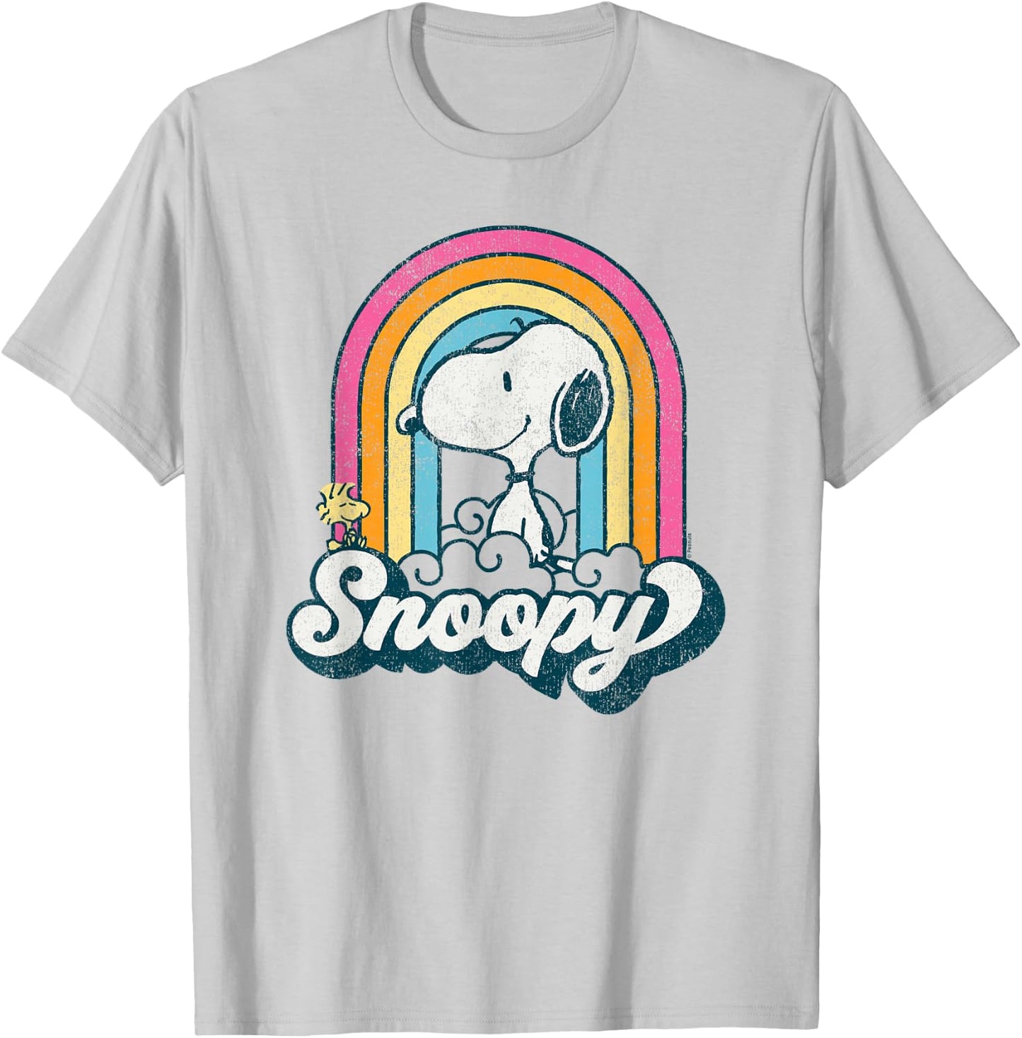Peanuts - Snoopy Woodstock Retro Rainbow Cloud T-Shirt - T-Shirt | Ash