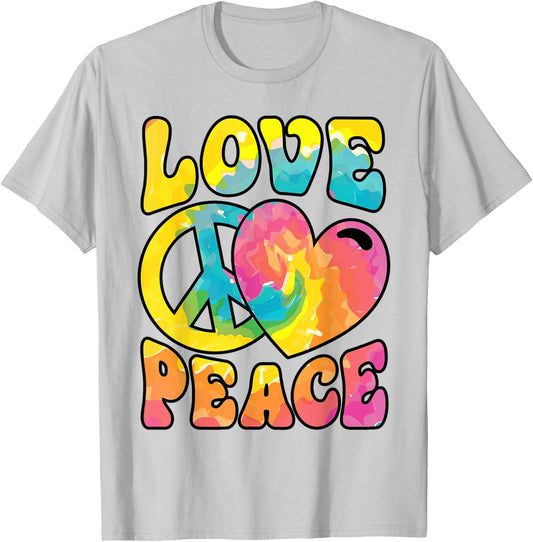 Hippie Women Men Love Peace Sign Heart Tie Dye Retro Groovy T-Shirt - T-Shirt | Ash