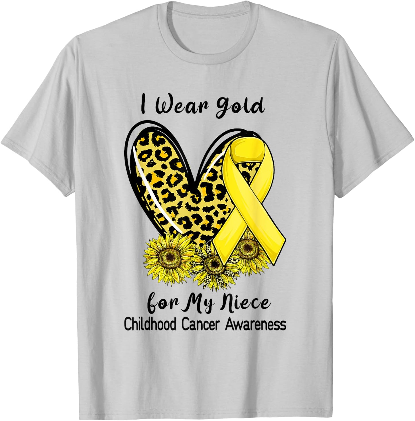I Wear Gold For My Niece Childhood Cancer Leopard Heart T-Shirt - T-Shirt | Ash