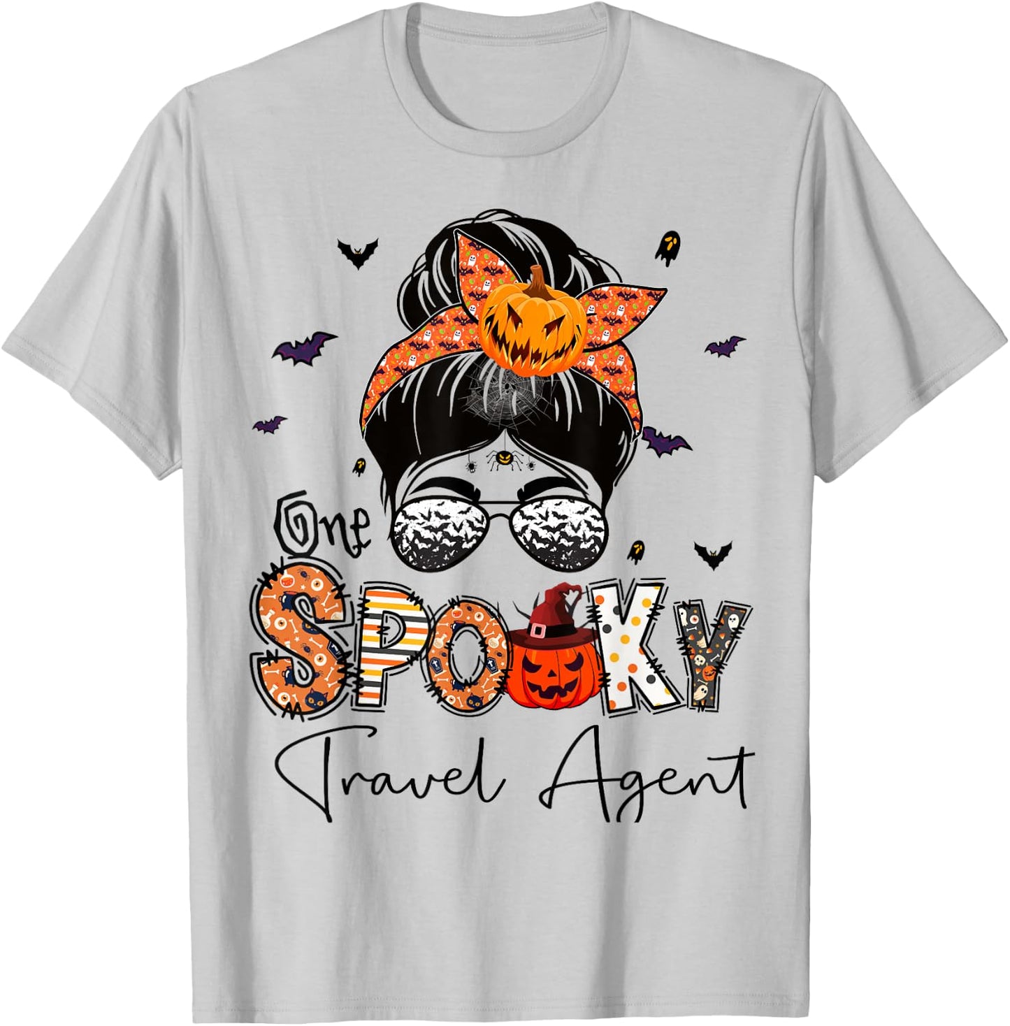 One Spooky Travel Agent Messy Bun Women Pumpkin Halloween T-Shirt - T-Shirt | Ash