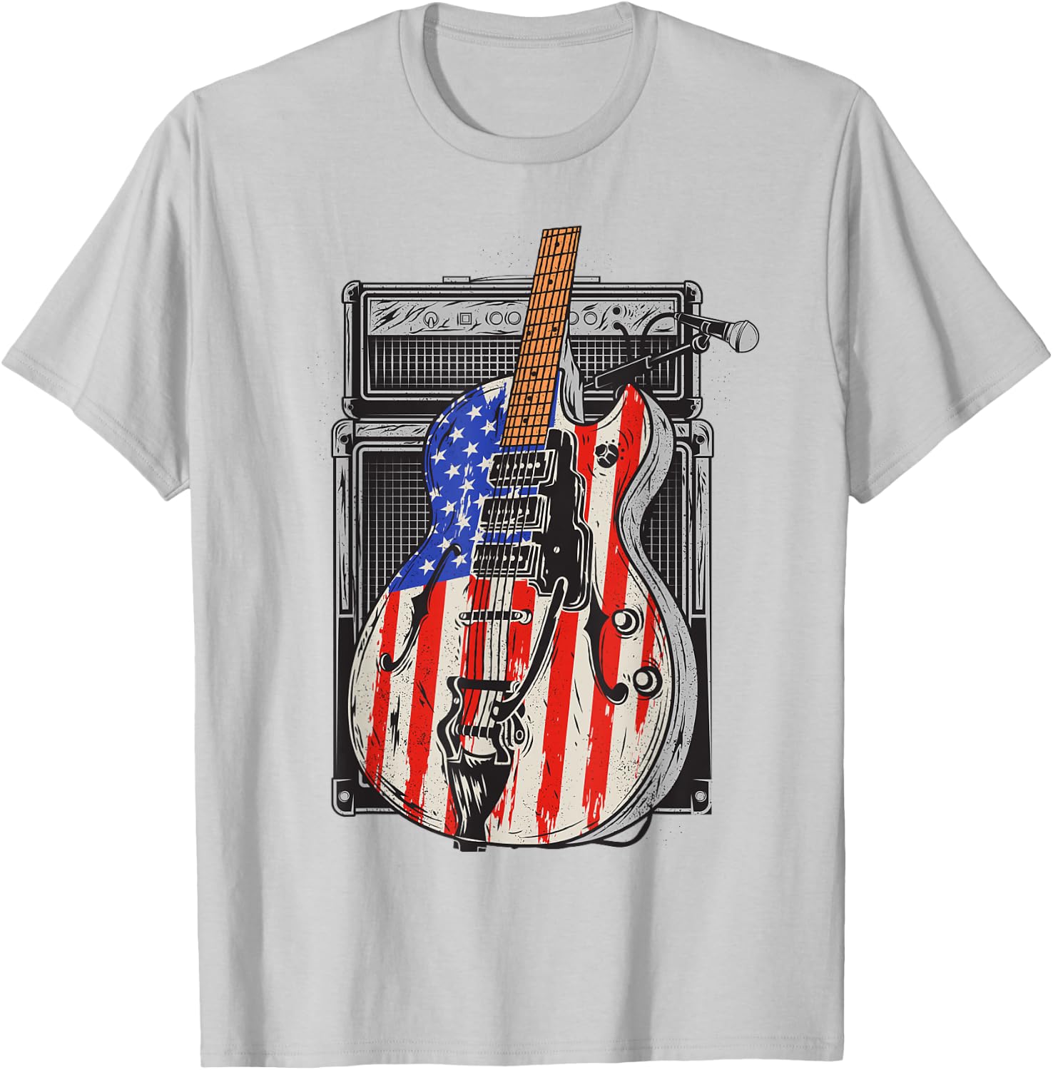 American Flag Guitar 4th of July Guitarist USA Country Music T-Shirt - T-Shirt | Ash
