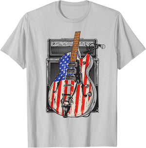 American Flag Guitar 4th of July Guitarist USA Country Music T-Shirt - T-Shirt | Ash