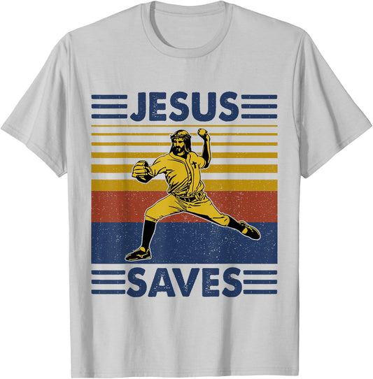 Jesus Save Funny Jesus Playing Baseball T-Shirt - T-Shirt | Ash