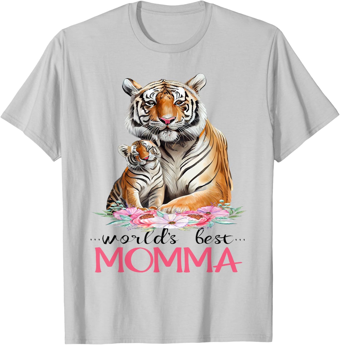 World's Best Momma Mom 2025 Pretty Floral Tiger & Cub T-Shirt - T-Shirt | Ash
