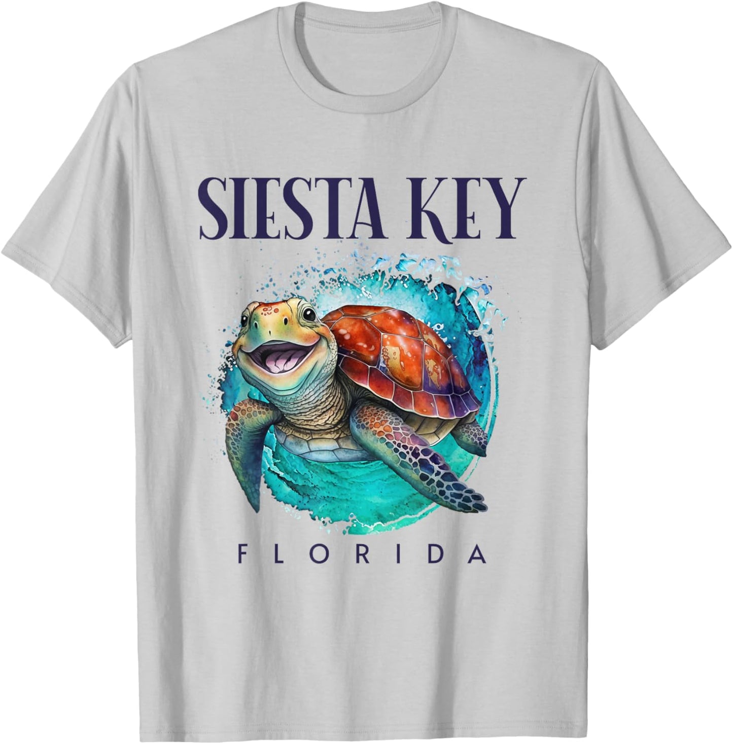 Siesta Key Florida Watercolor Happy Sea Turtle T-Shirt - T-Shirt | Ash