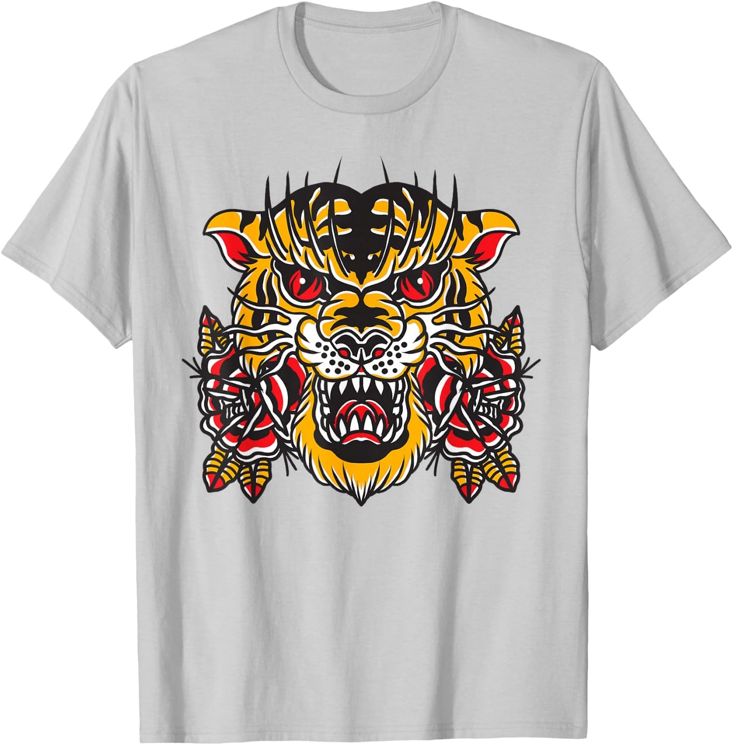 American Traditional Tattoo Flash Tiger Flower Old School T-Shirt - T-Shirt | Ash