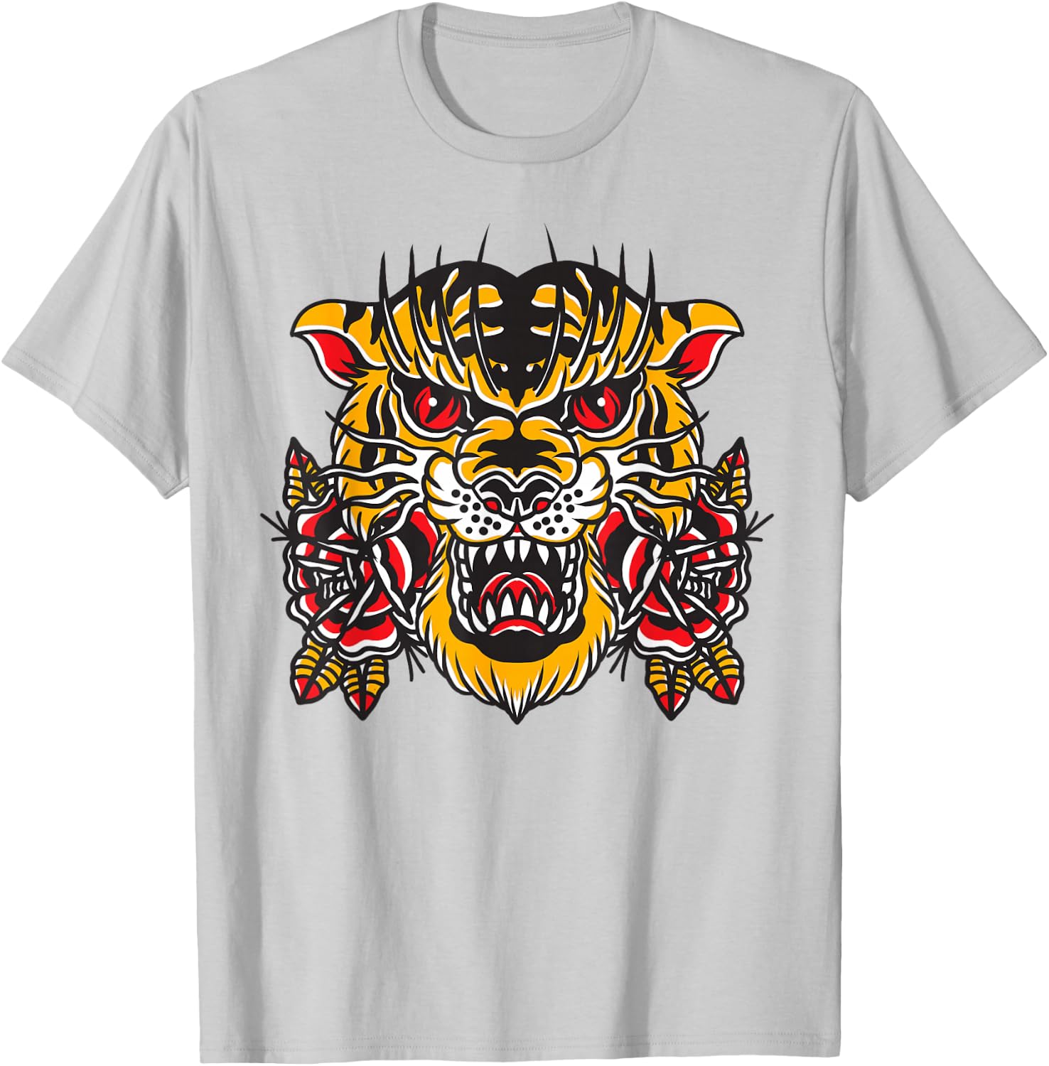 American Traditional Tattoo Flash Tiger Flower Old School T-Shirt - T-Shirt | Ash