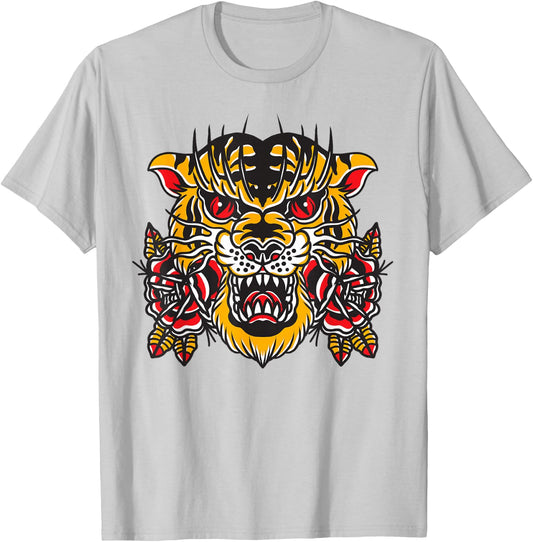 American Traditional Tattoo Flash Tiger Flower Old School T-Shirt - T-Shirt | Ash