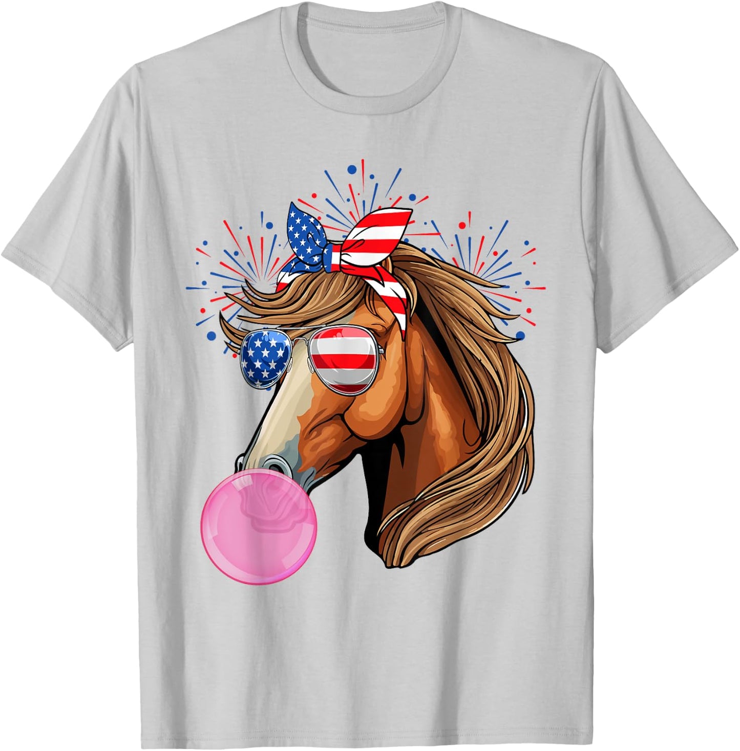Horse Blowing Bubble Gum USA Flag Sunglasses Indepedence Day T-Shirt - T-Shirt | Ash