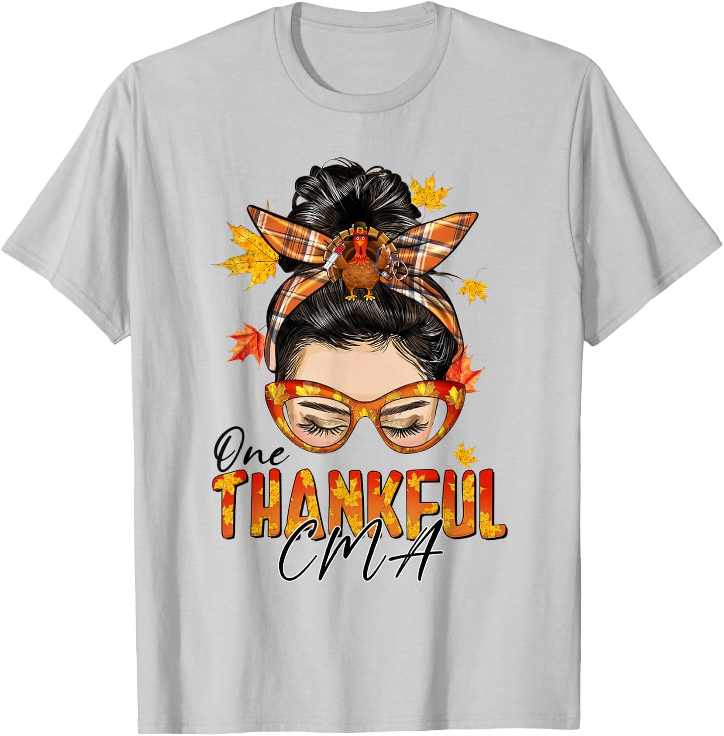 One Thankful CMA Turkey Messy Bun Fall Thanksgiving T-Shirt - T-Shirt | Ash