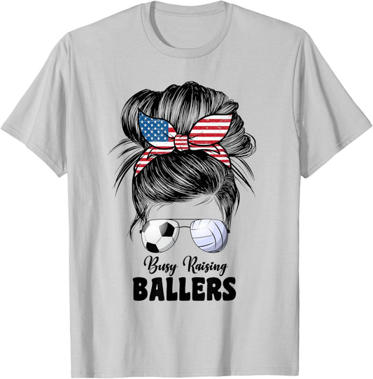 Busy Raising Ballers Volleyball And Soccer Mom Mom T-Shirt - T-Shirt | Ash