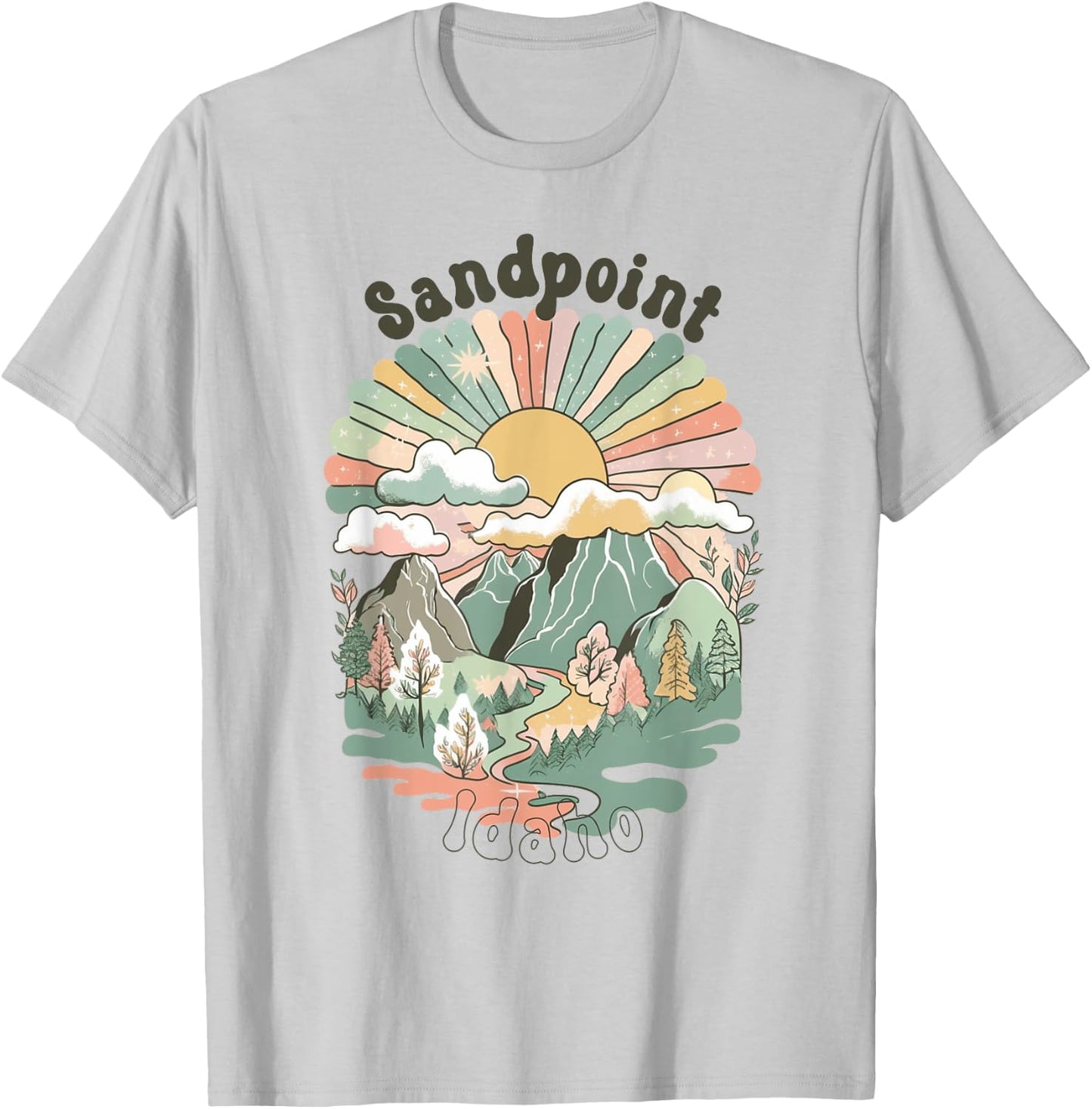 Vintage Sandpoint Idaho Mountains Hiking Sunset Groovy T-Shirt - T-Shirt | Ash