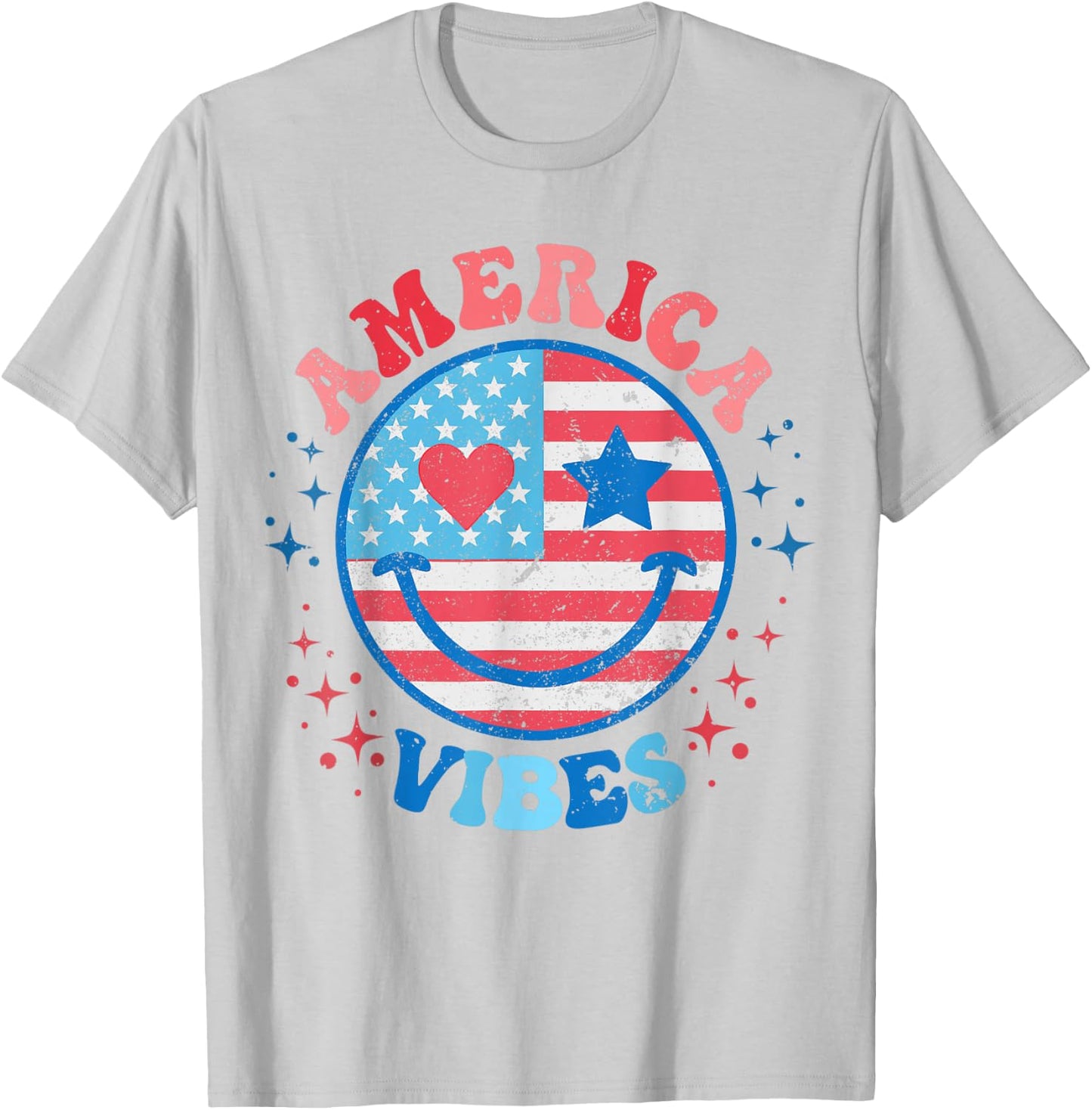 America Vibes Smile Face American Flag 4th of July Groovy T-Shirt - T-Shirt | Ash