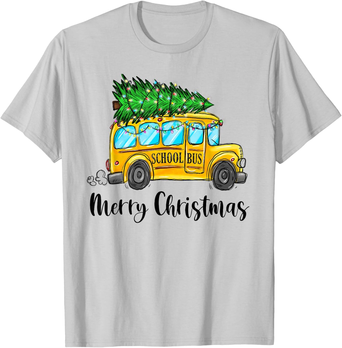 Yellow School Bus Christmas Light Tree Driver Pajama Xmas T-Shirt - T-Shirt | Ash