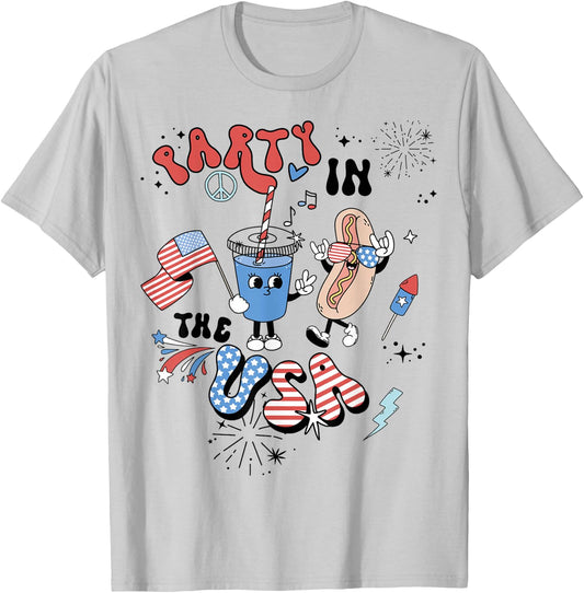 Retro Party In The USA Flag Groovy 4th Of July Patriotic T-Shirt - T-Shirt | Ash