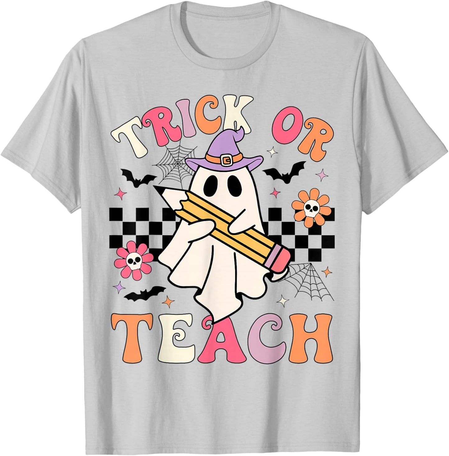 Trick Or Teach Groovy Teacher Halloween Retro Floral Ghost T-Shirt - T-Shirt | Ash
