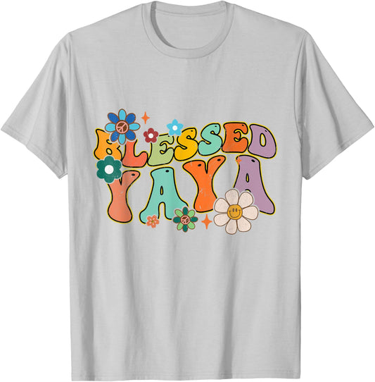 Groovy Mother's Day Blessed Yaya Flowers Hippie T-Shirt - T-Shirt | Ash