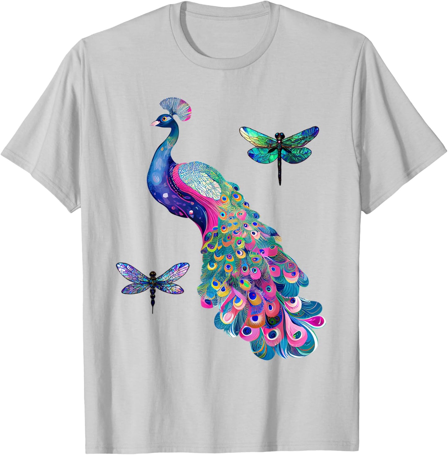Colorful Peacock Feathers Dragonflies Graphic Art Design T-Shirt - T-Shirt | Ash