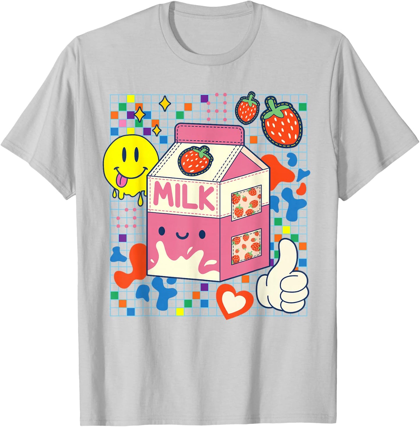 Kidcore Aesthetic Strawberry Milk Fabric Patches Decora Kei T-Shirt - T-Shirt | Ash