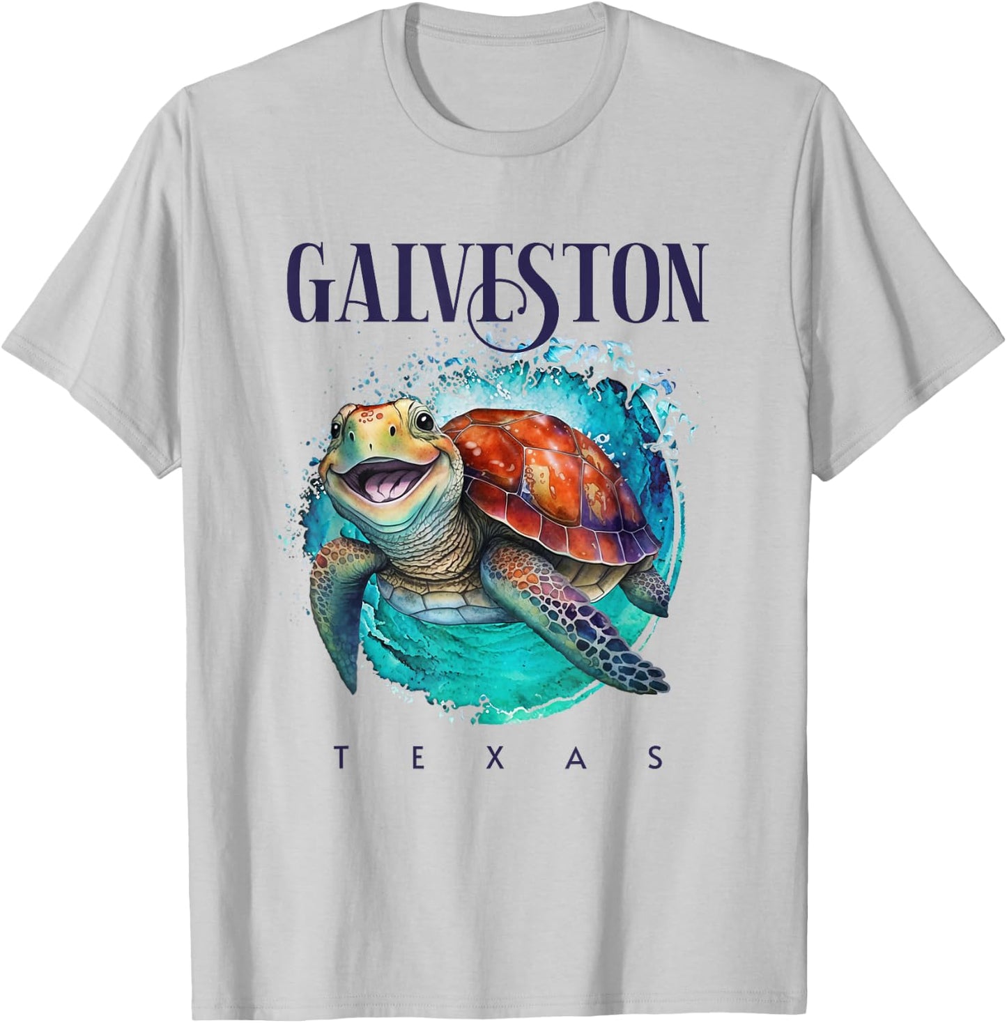 Galveston Texas Watercolor Happy Sea Turtle T-Shirt - T-Shirt | Ash