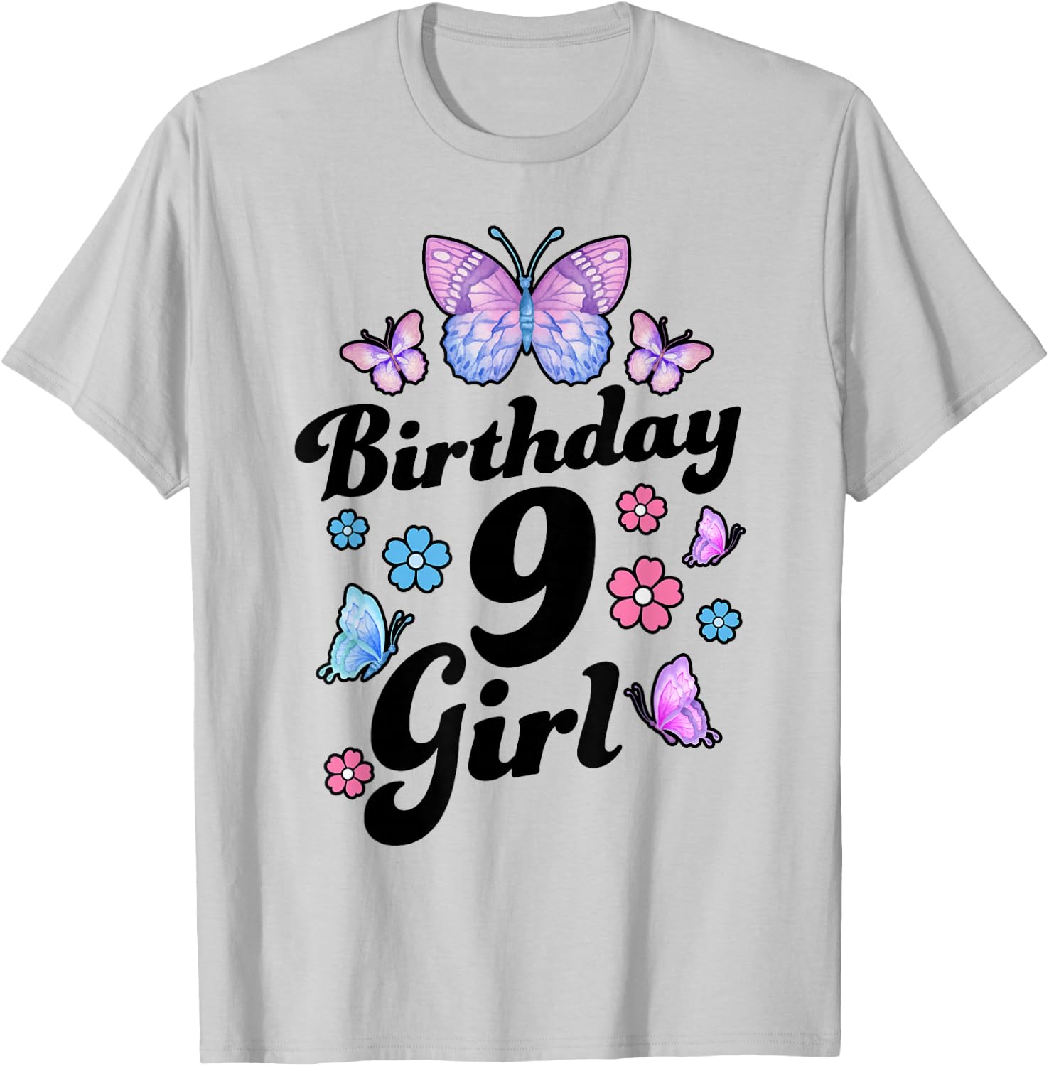 Butterfly Birthday Girl 9 Year Old Cute 9th Bday Party T-Shirt - T-Shirt | Ash