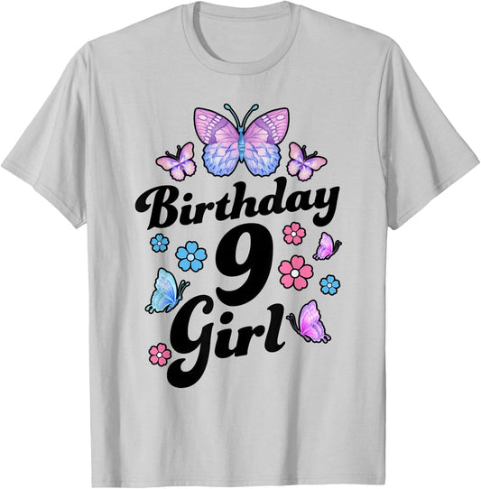 Butterfly Birthday Girl 9 Year Old Cute 9th Bday Party T-Shirt - T-Shirt | Ash