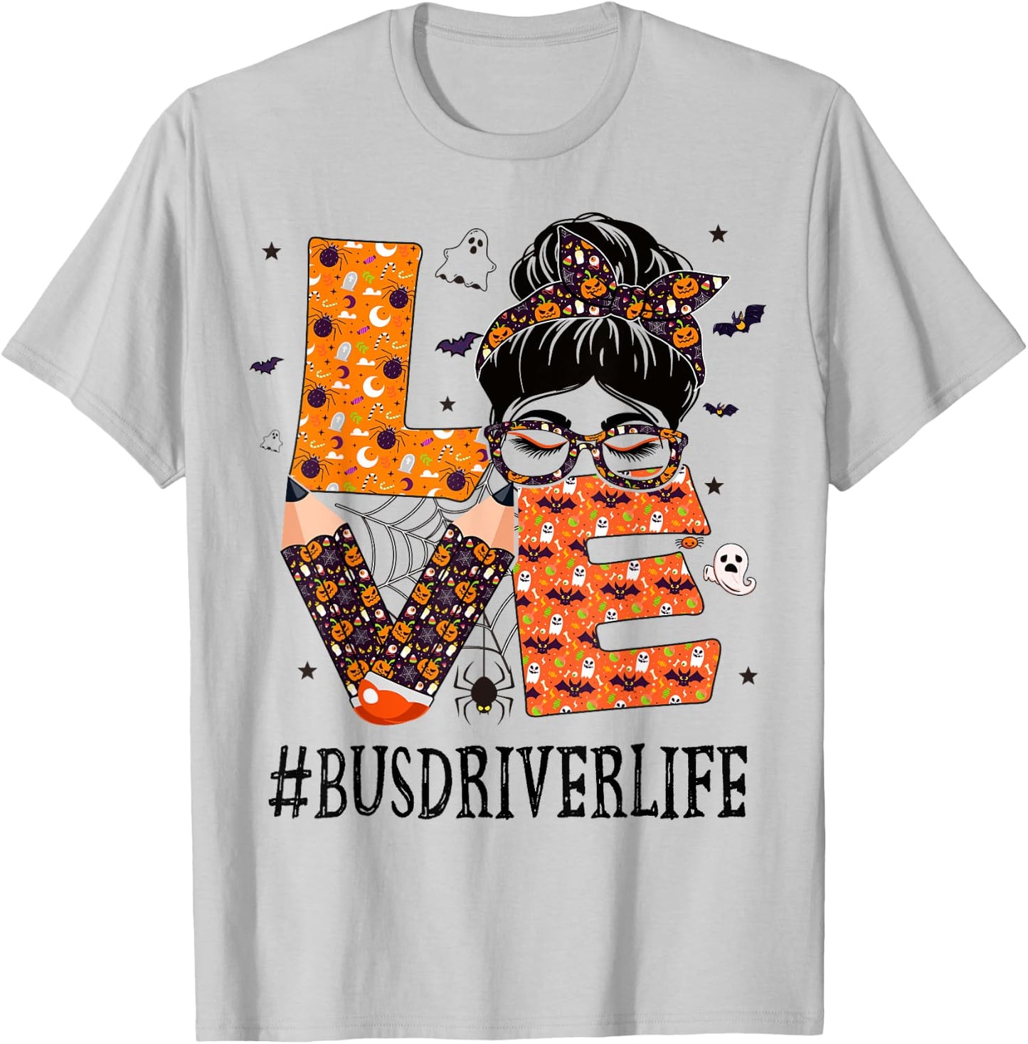 Bus Driver Love Messy Bun Pumpkin Women Halloween Costume T-Shirt - T-Shirt | Ash
