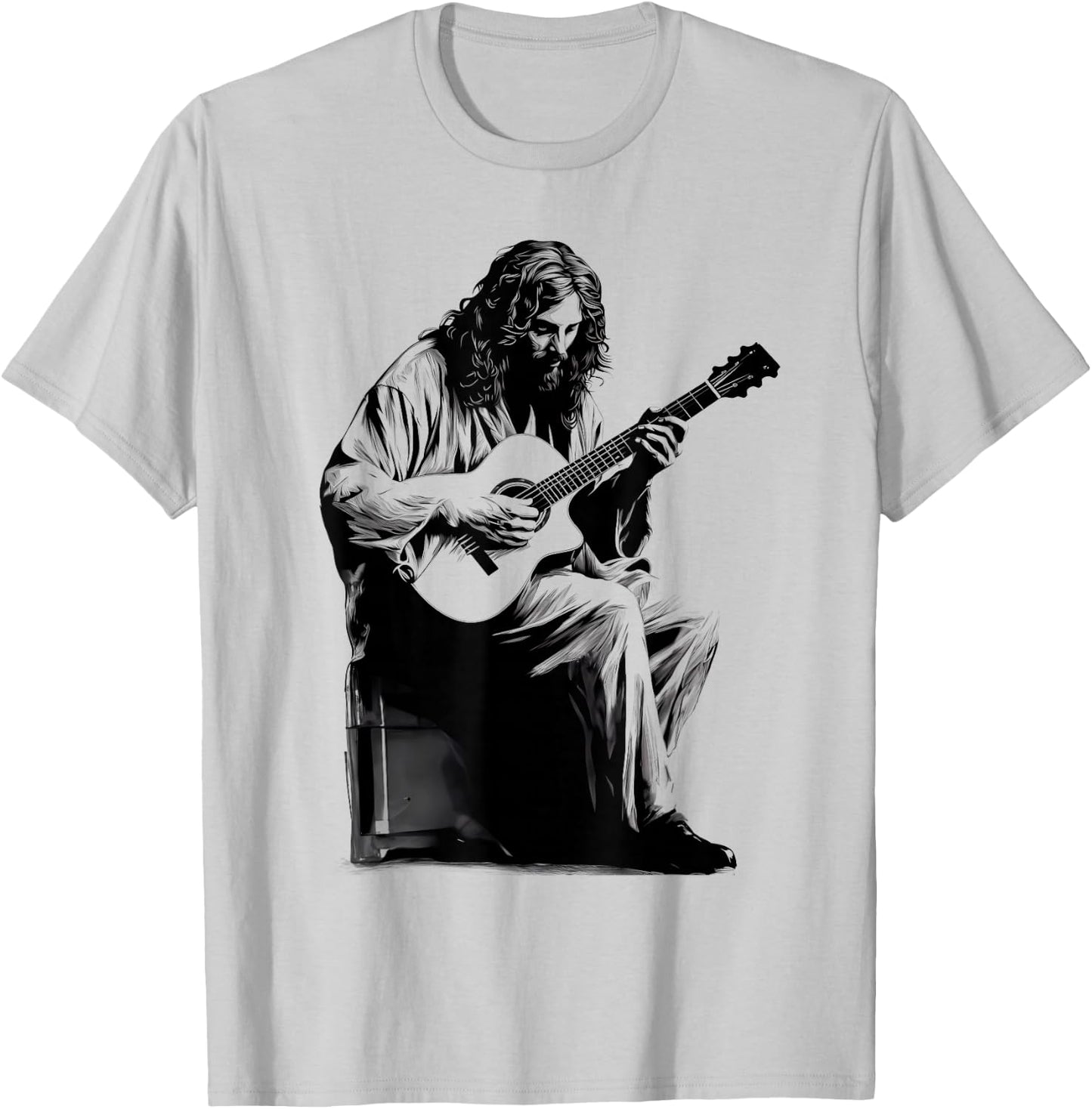 Jesus Playing Acoustic Guitar Vintage Guitarist Music Lovers T-Shirt - T-Shirt | Ash