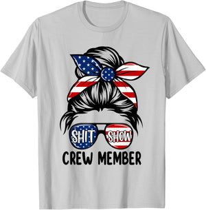 Women Shit Show Crew Member Amerian Flag Headband Messy Bun T-Shirt - T-Shirt | Ash