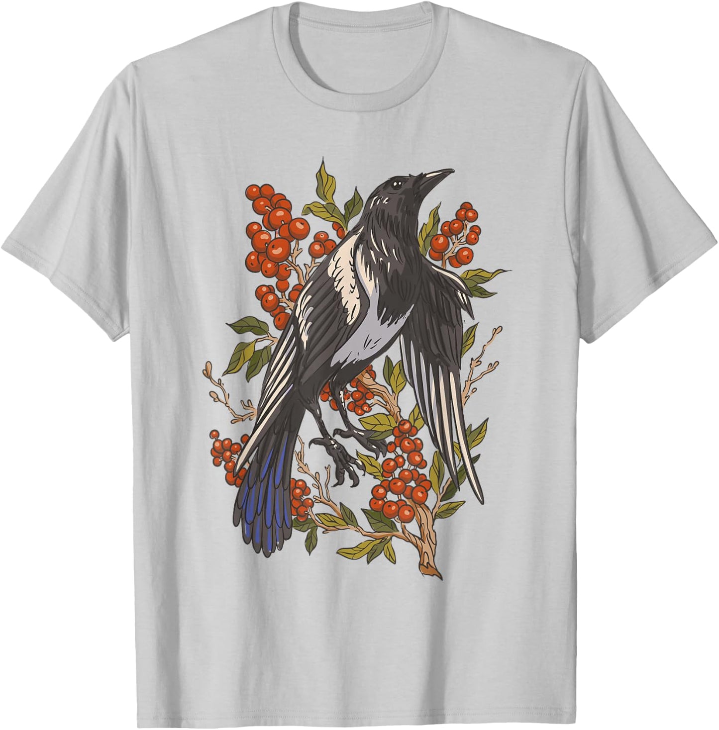 Fruits Cranberries Plant Bird Magpie T-Shirt - T-Shirt | Ash