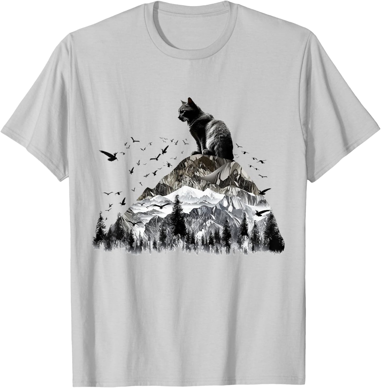 Cat Mountains Bird Artwork | Animal Motif Cat T-Shirt - T-Shirt | Ash