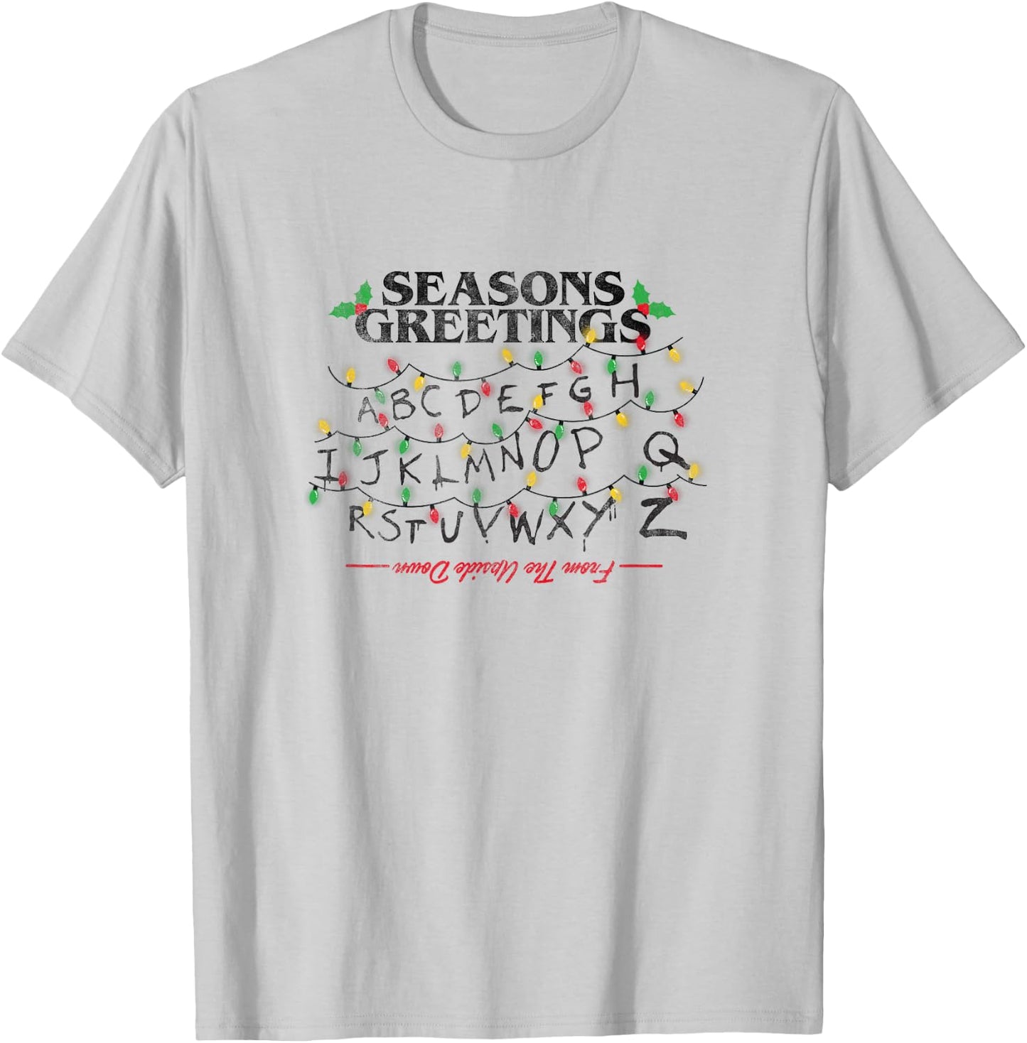 Stranger Things Christmas Greetings Upside Down Distressed T-Shirt - T-Shirt | Ash