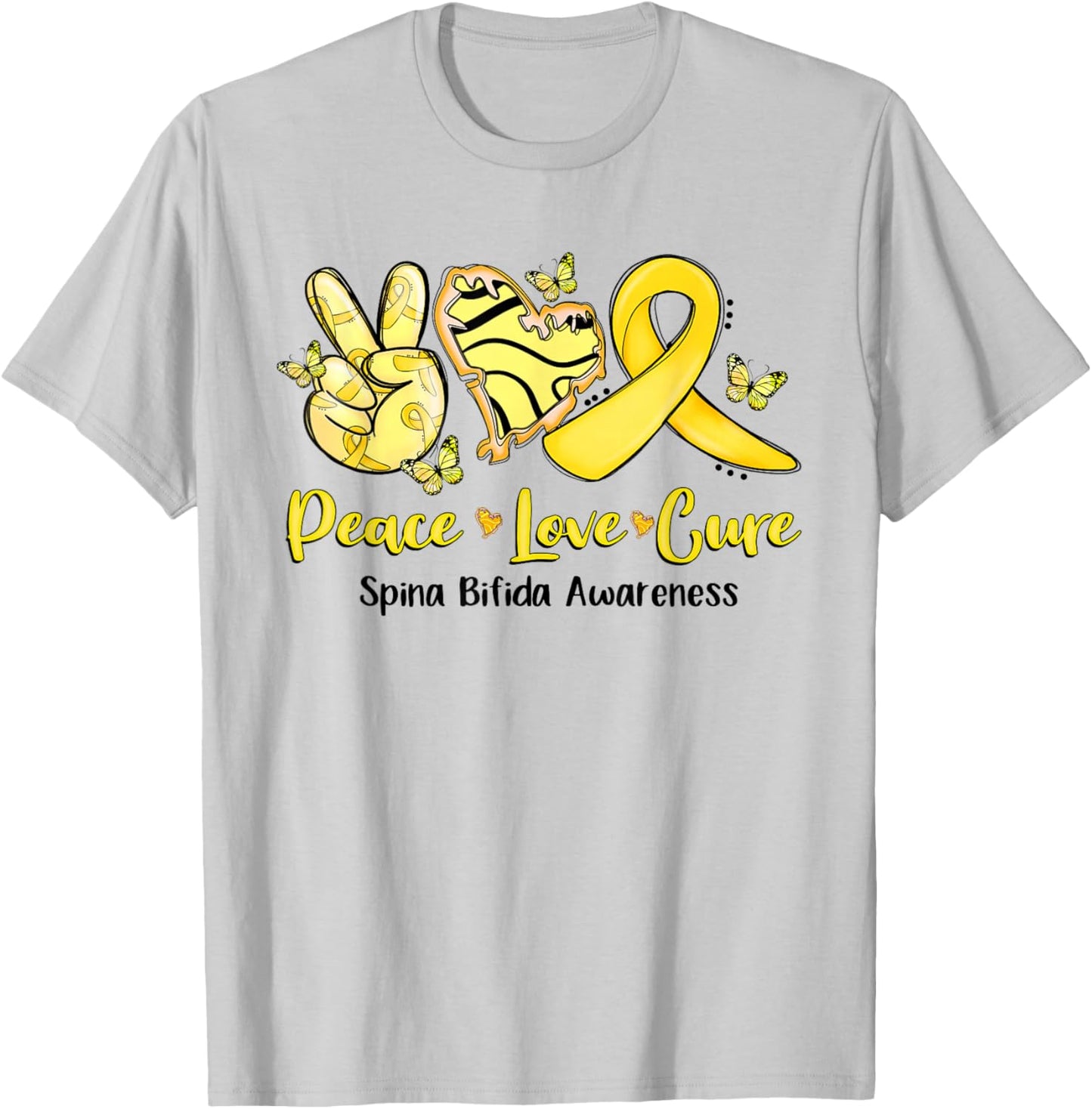 Peace Love Cure Yellow Ribbon Spina Bifida Awareness T-Shirt - T-Shirt | Ash