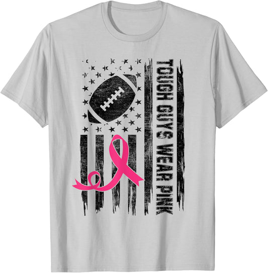 Tough Guys Wear Pink Breast Cancer Football American Flag Kids Men T-Shirt - T-Shirt | Ash