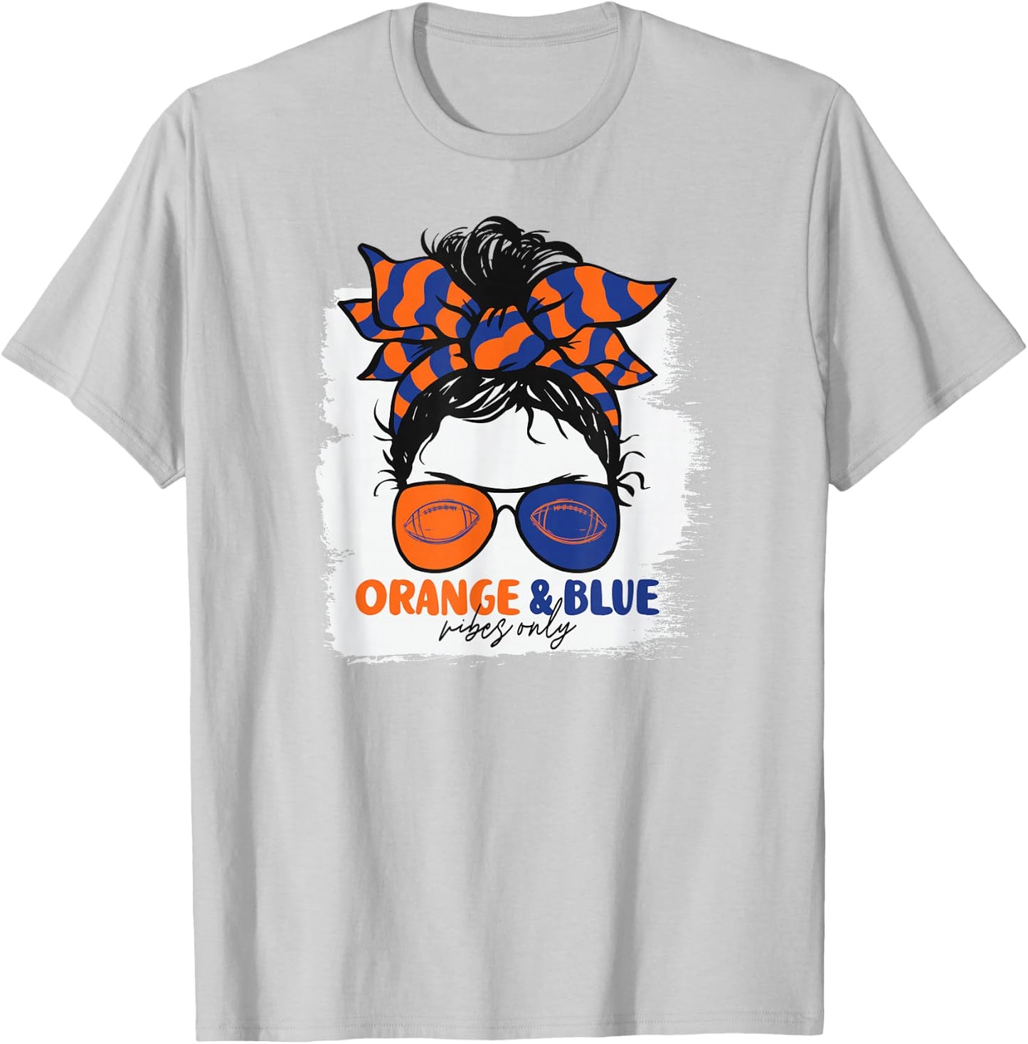 Orange and Blue Vibes Only Football Mom Gameday Messy Hair T-Shirt - T-Shirt | Ash