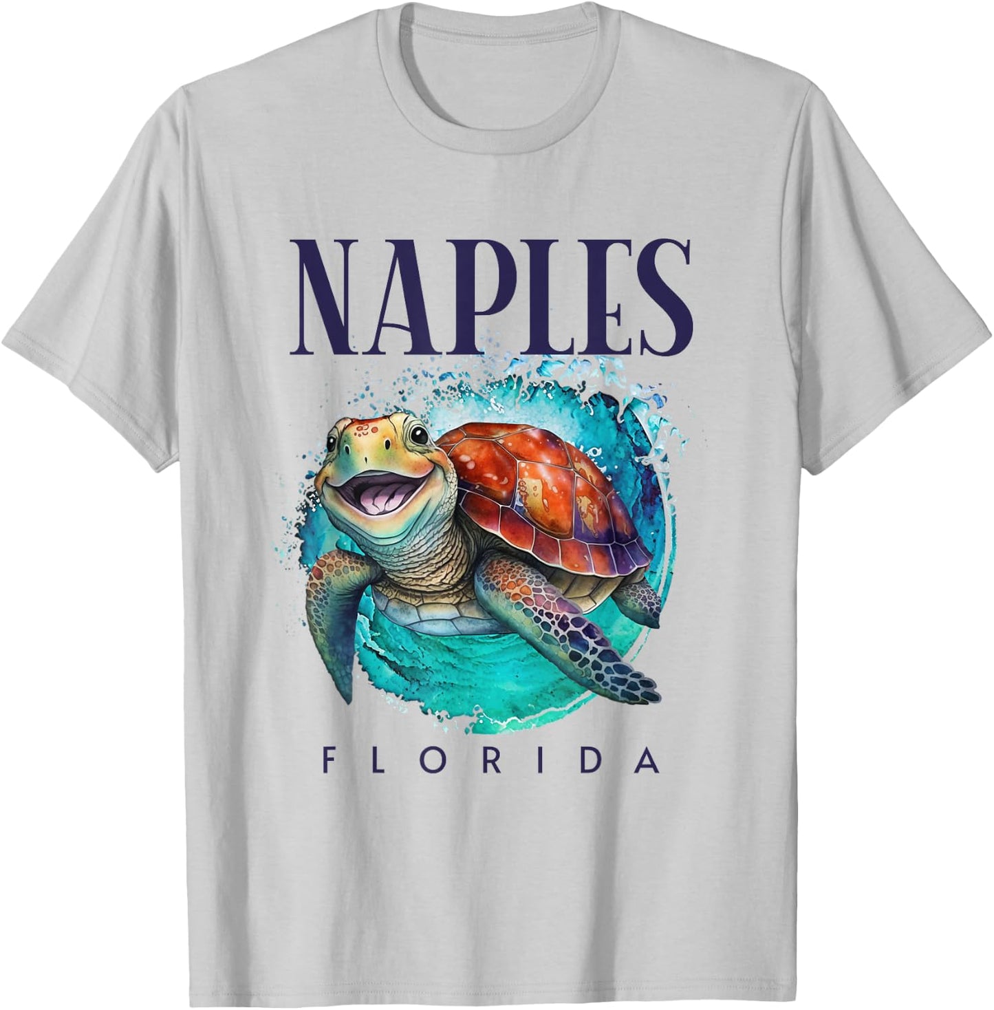 Naples Florida Watercolor Happy Sea Turtle T-Shirt - T-Shirt | Ash