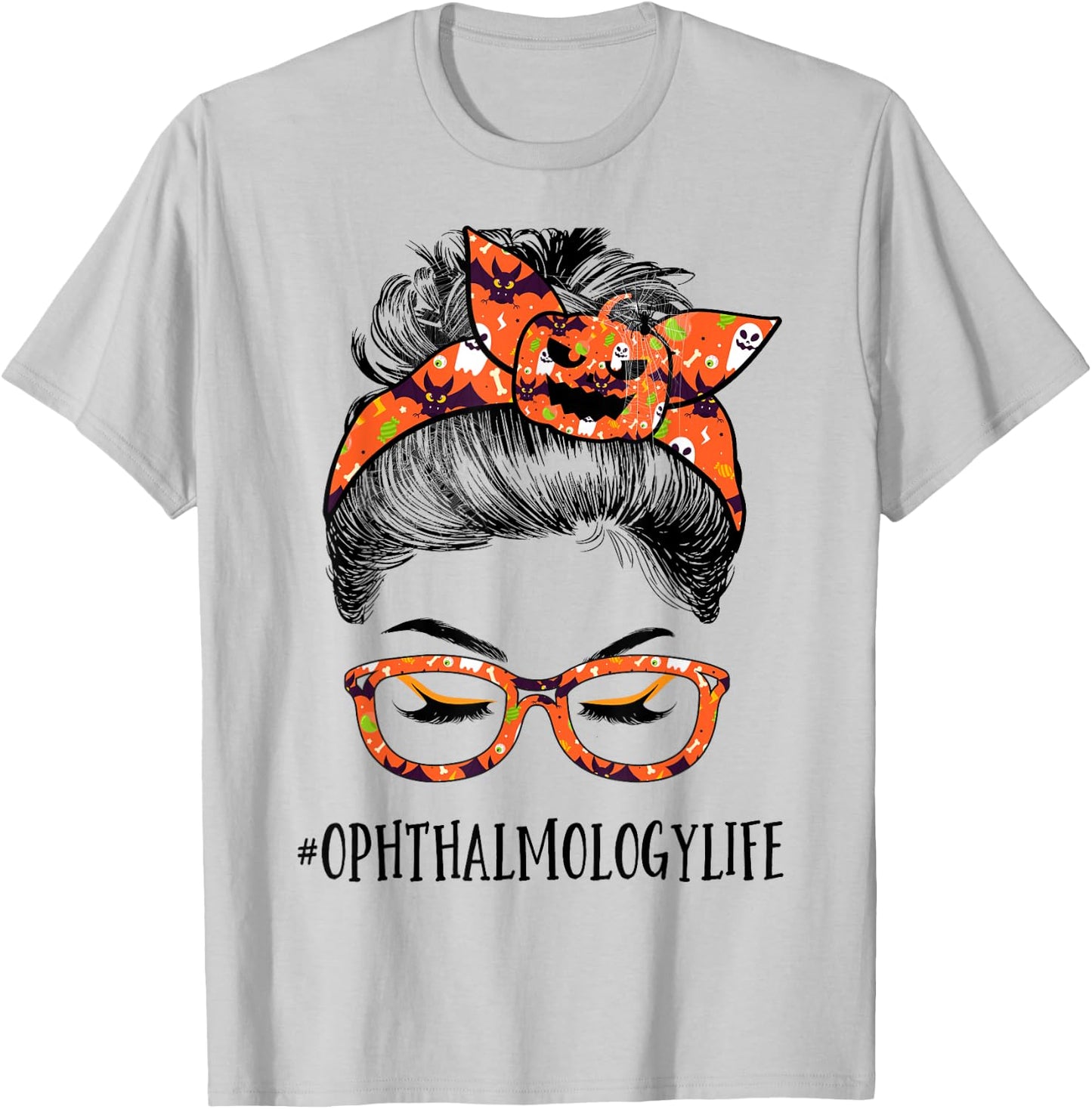 Ophthalmology Women Messy bun Pumpkin Halloween Spider T-Shirt - T-Shirt | Ash