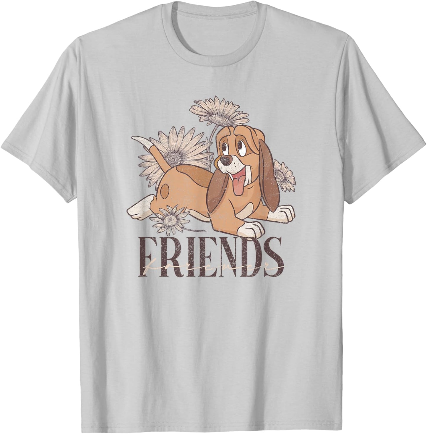Disney The Fox and The Hound Friends Forever Floral Logo T-Shirt - T-Shirt | Ash