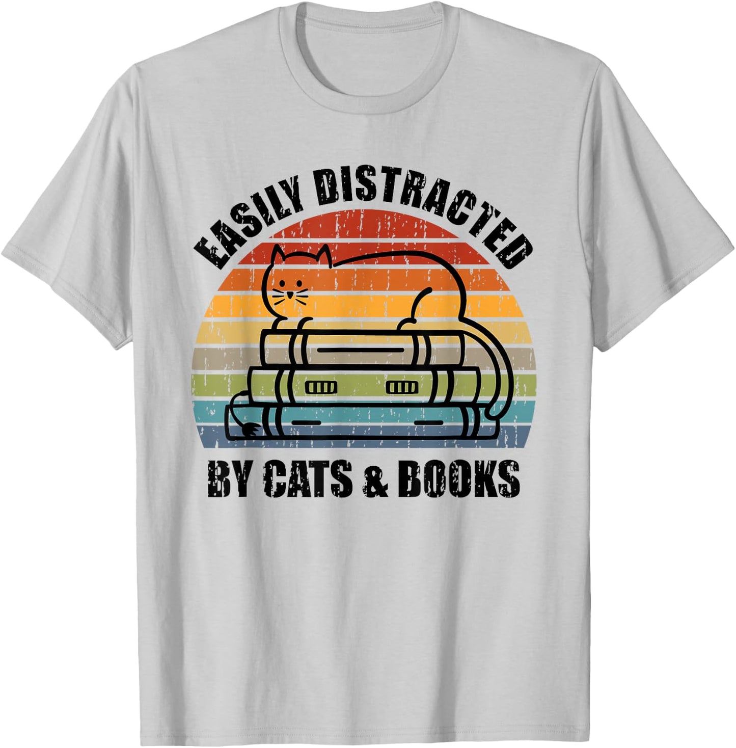 Easily Distracted by Cats and Books - Retro Cat & Book Lover T-Shirt - T-Shirt | Ash