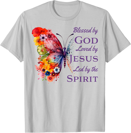 Blessed by God Loved by Jesus Butterfly And Flowers T-Shirt - T-Shirt | Ash