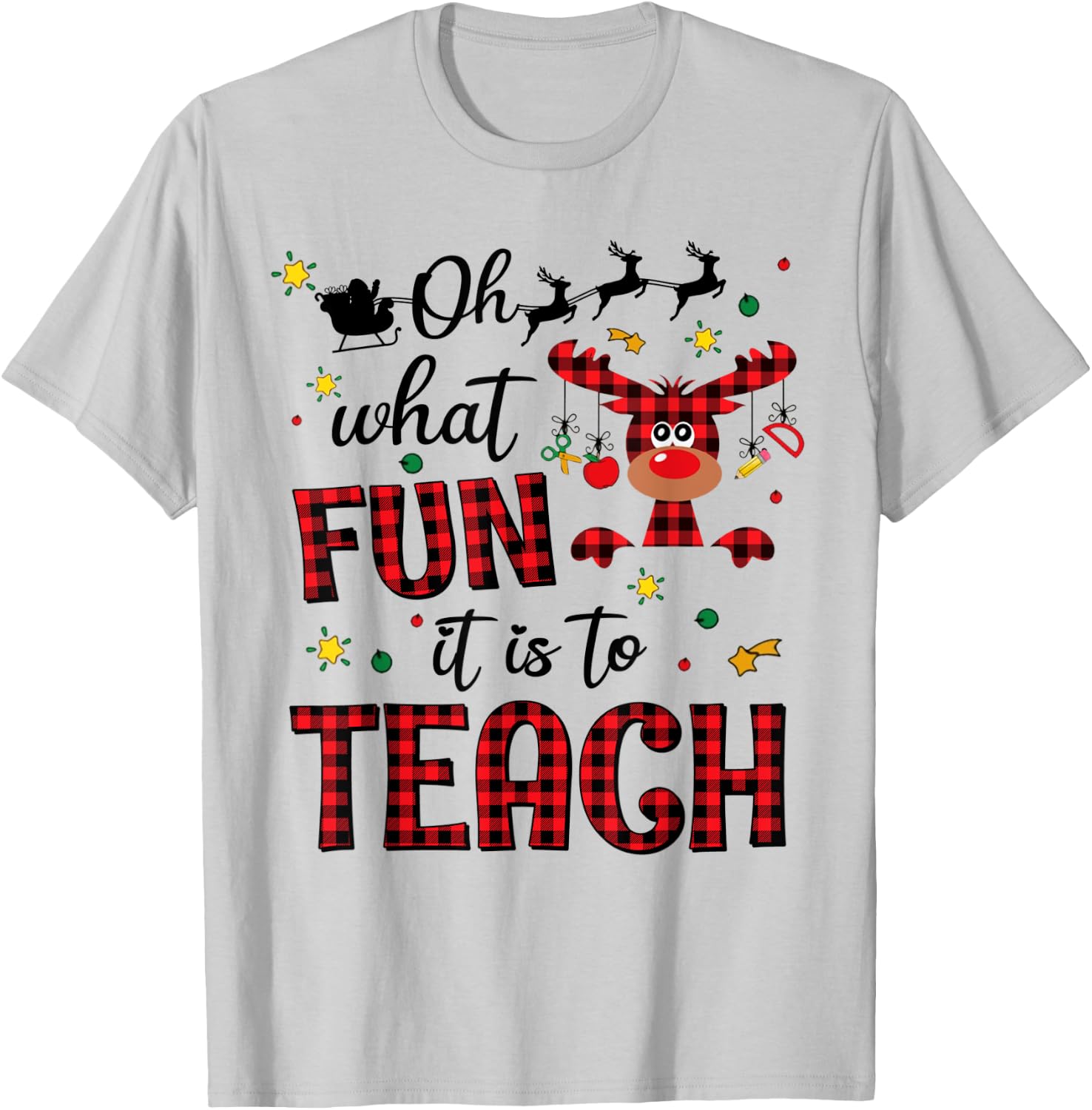 Teachers Oh What Fun It Is To Teach Cute Red Plaid Reindeer T-Shirt - T-Shirt | Ash