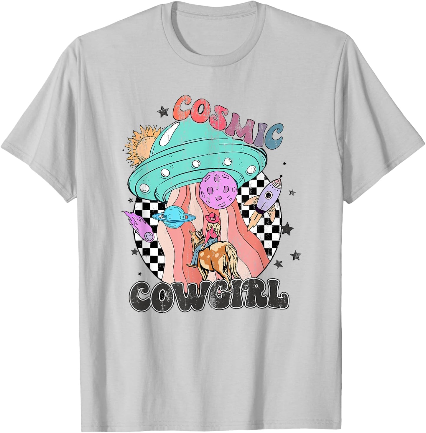 Retro Cosmic Cowgirl In Space Cowboy Western Country Cowgirl T-Shirt - T-Shirt | Ash