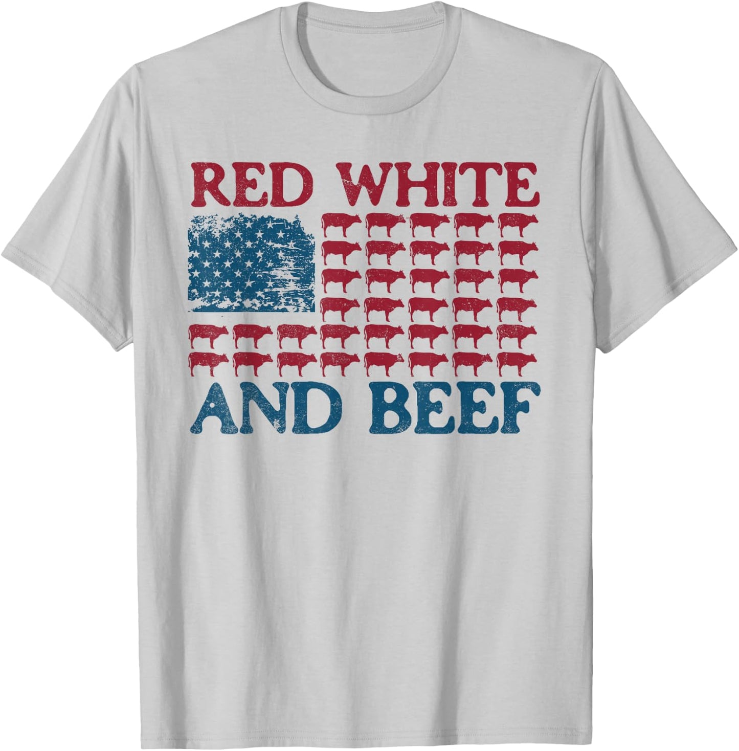Red White And Beef 4th Of July Cattle American Flag Cow T-Shirt - T-Shirt | Ash
