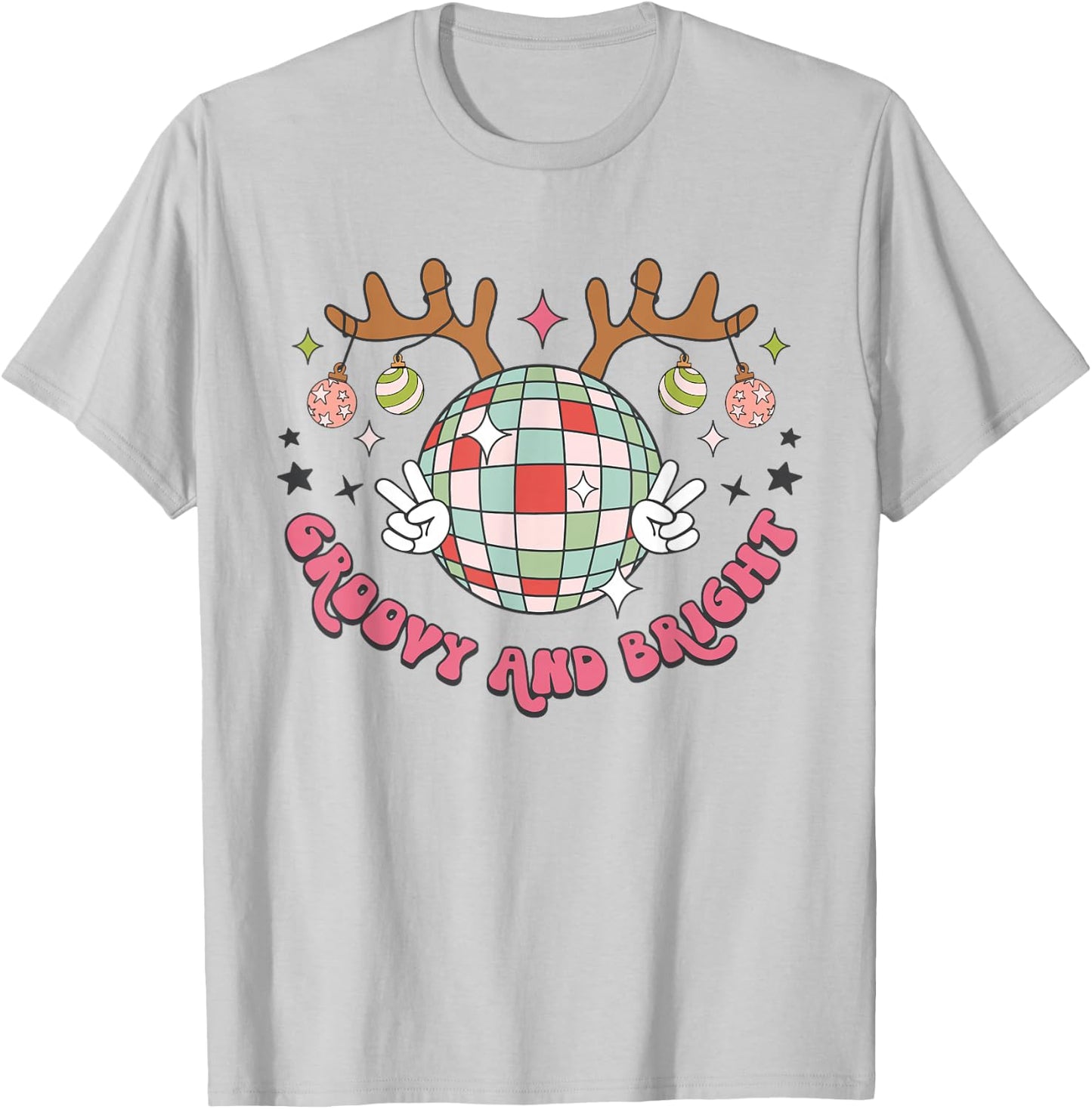 Groovy And Bright Merry Christmas Disco Ball Reindeer T-Shirt - T-Shirt | Ash