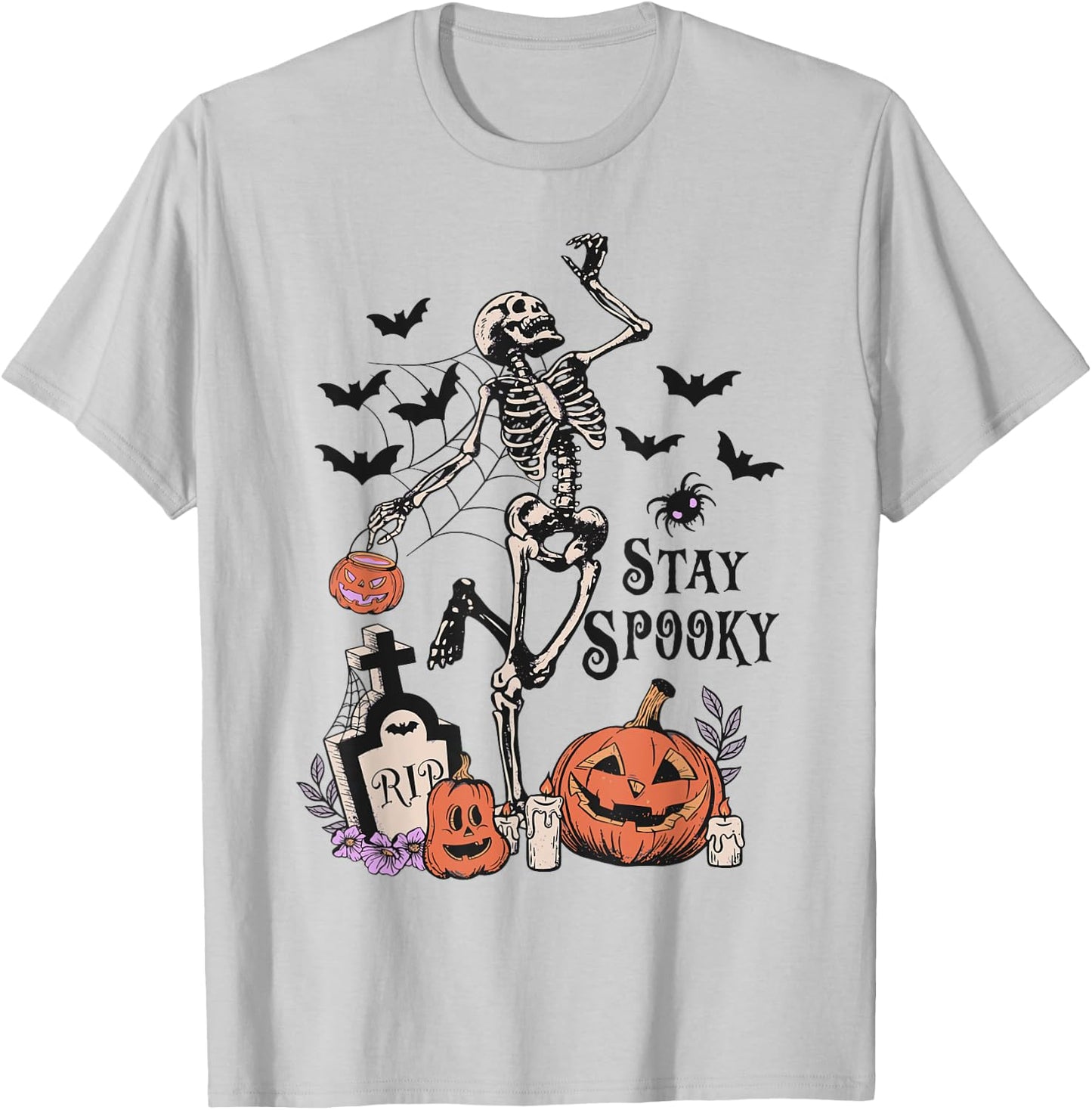 Dancing Skeleton Pumpkin Bat Tombstone Spooky Halloween T-Shirt - T-Shirt | Ash