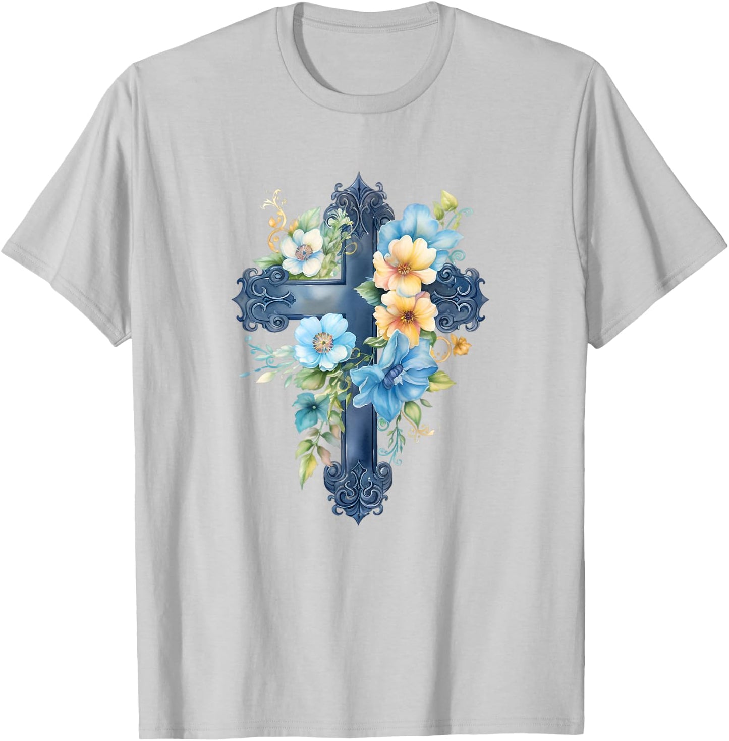 Catholic Watercolor Cross Graphic Women Floral Aesthetic T-Shirt - T-Shirt | Ash