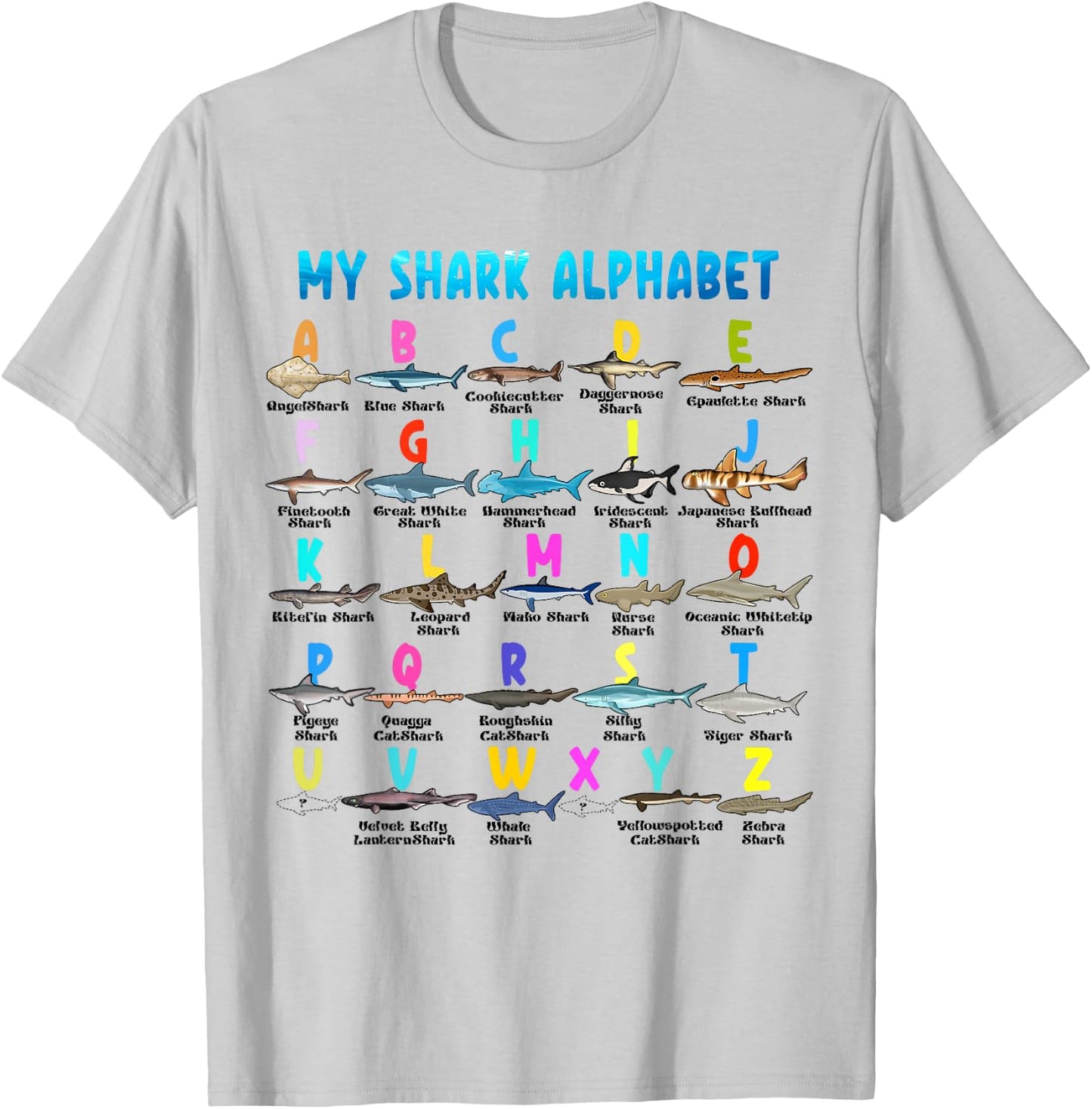 Types Of Shark Alphabet ABC Kids Back To School Bigfoot T-Shirt - T-Shirt | Ash
