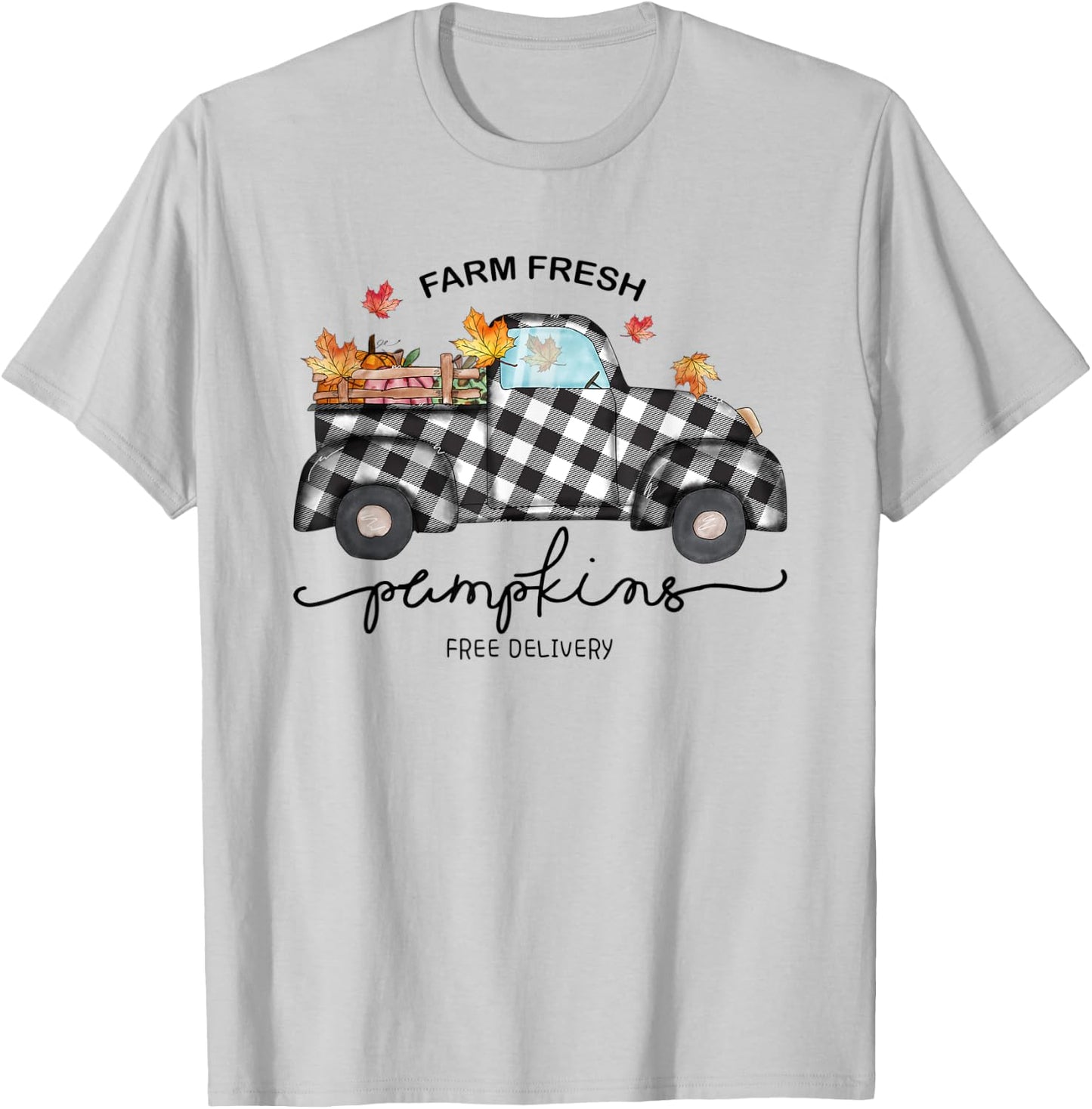 Farm Fresh Pumpkins Autumn Leaves Truck Buffalo Plaid Fall T-Shirt - T-Shirt | Ash