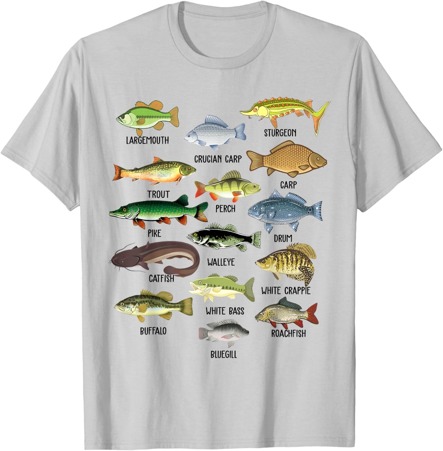 Fishing-Shirt Types Freshwater Fish Funny Bass Dad Graphic T-Shirt - T-Shirt | Ash