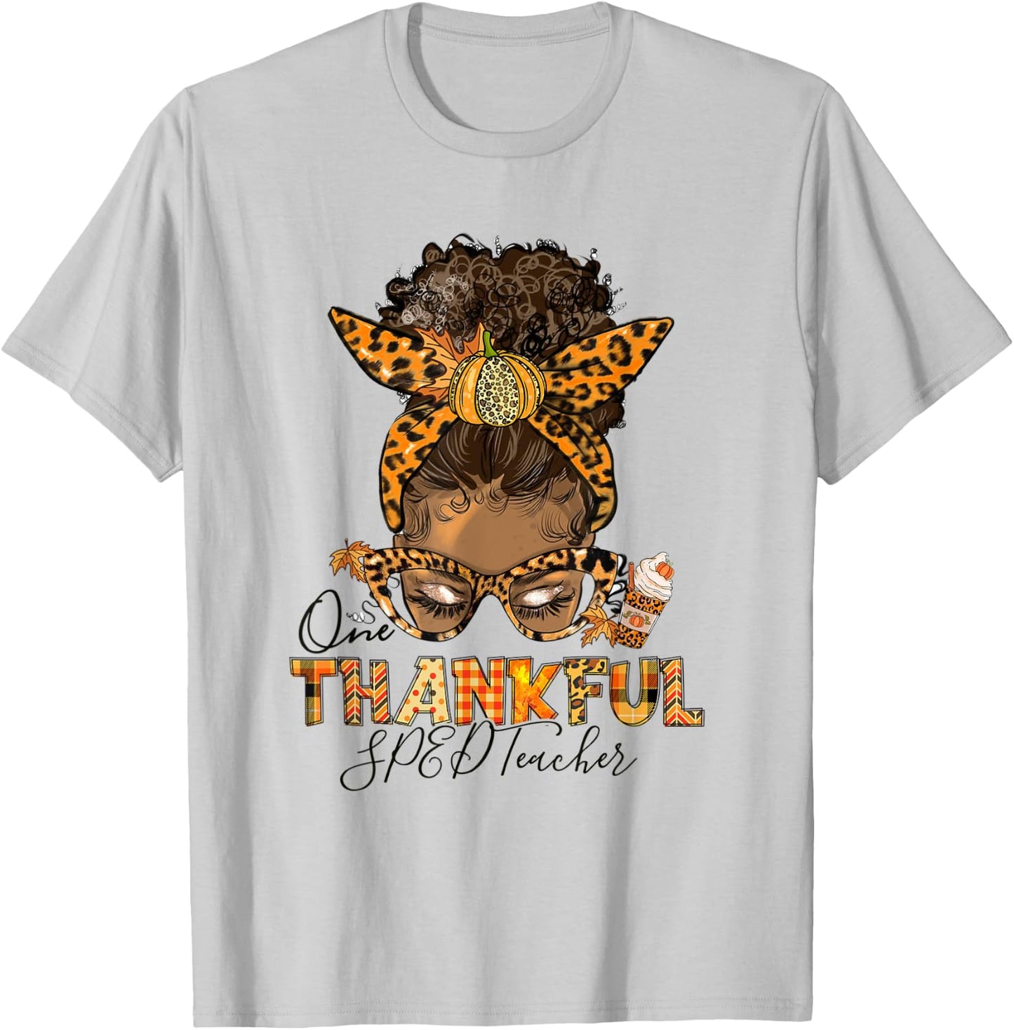 One Thankful SPED Teacher Messy Bun Thanksgiving Afro Women T-Shirt - T-Shirt | Ash